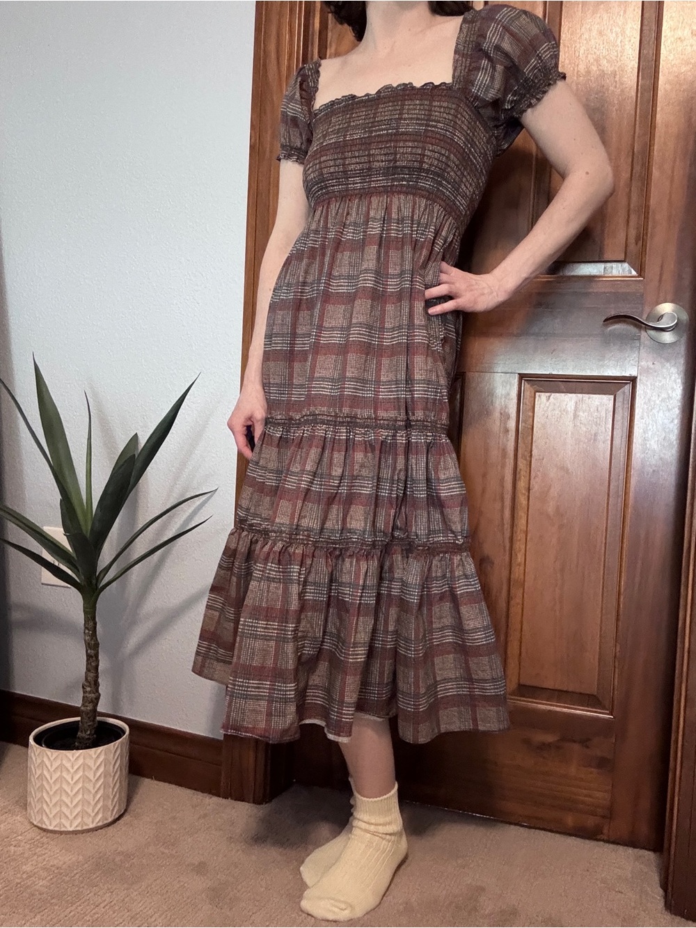 O.P.T. Tiered Midi Dress in Reddish Brown and Blue Plaid